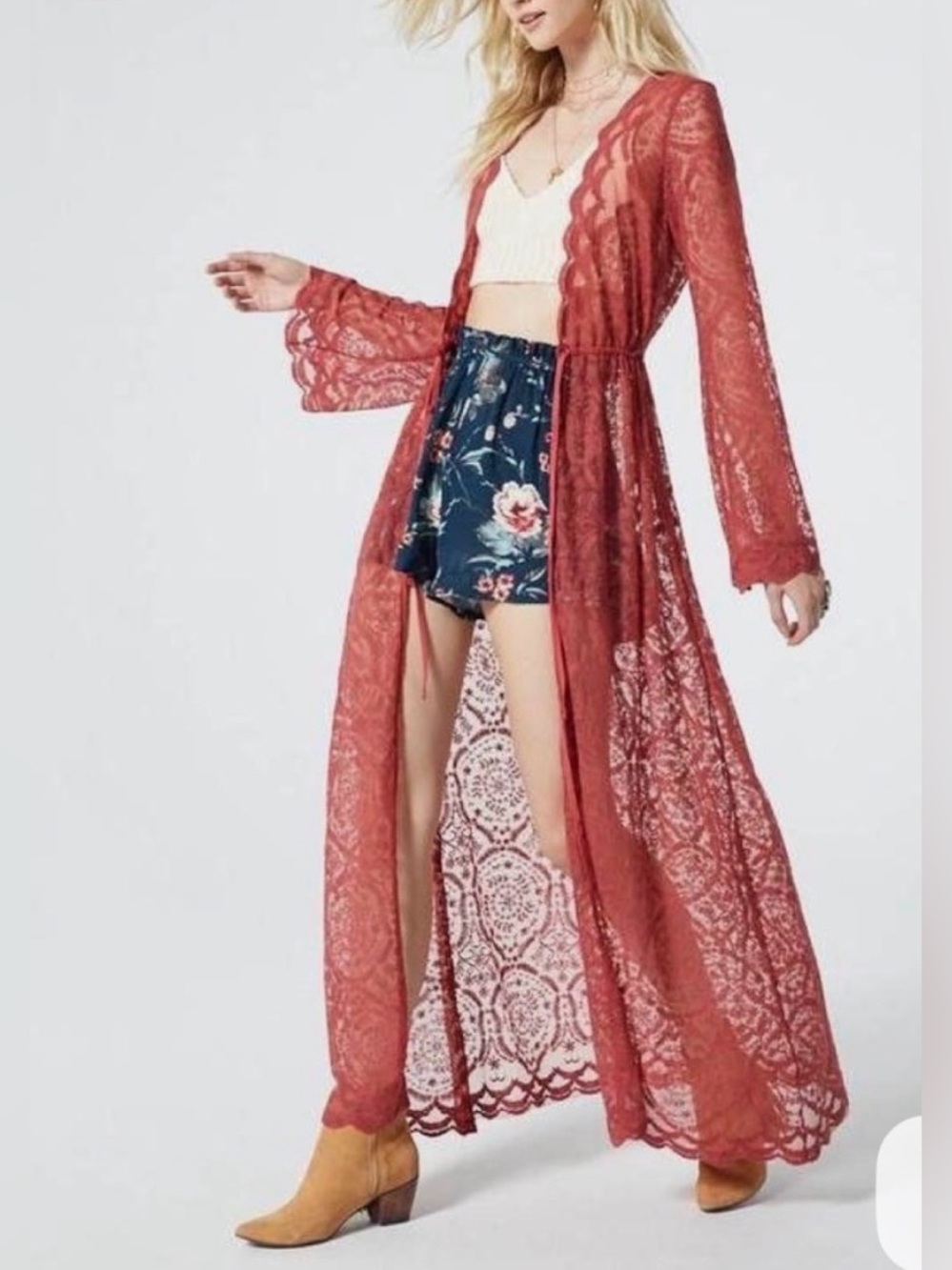 Band of Gypsies Rust Lace Maxi Dress/ Coverup Kimono Duster Small